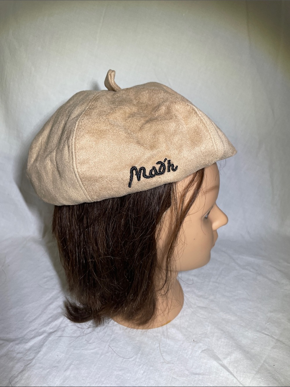 Beige Suede-Look Beret with Black Script Embroidery